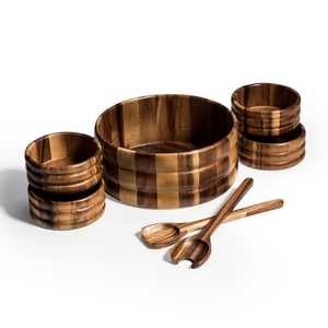 7 Piece Ribbed Acacia Wood Salad Serving Set
