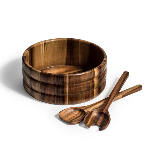 3 Piece Ribbed Acacia Bowl Serving Set